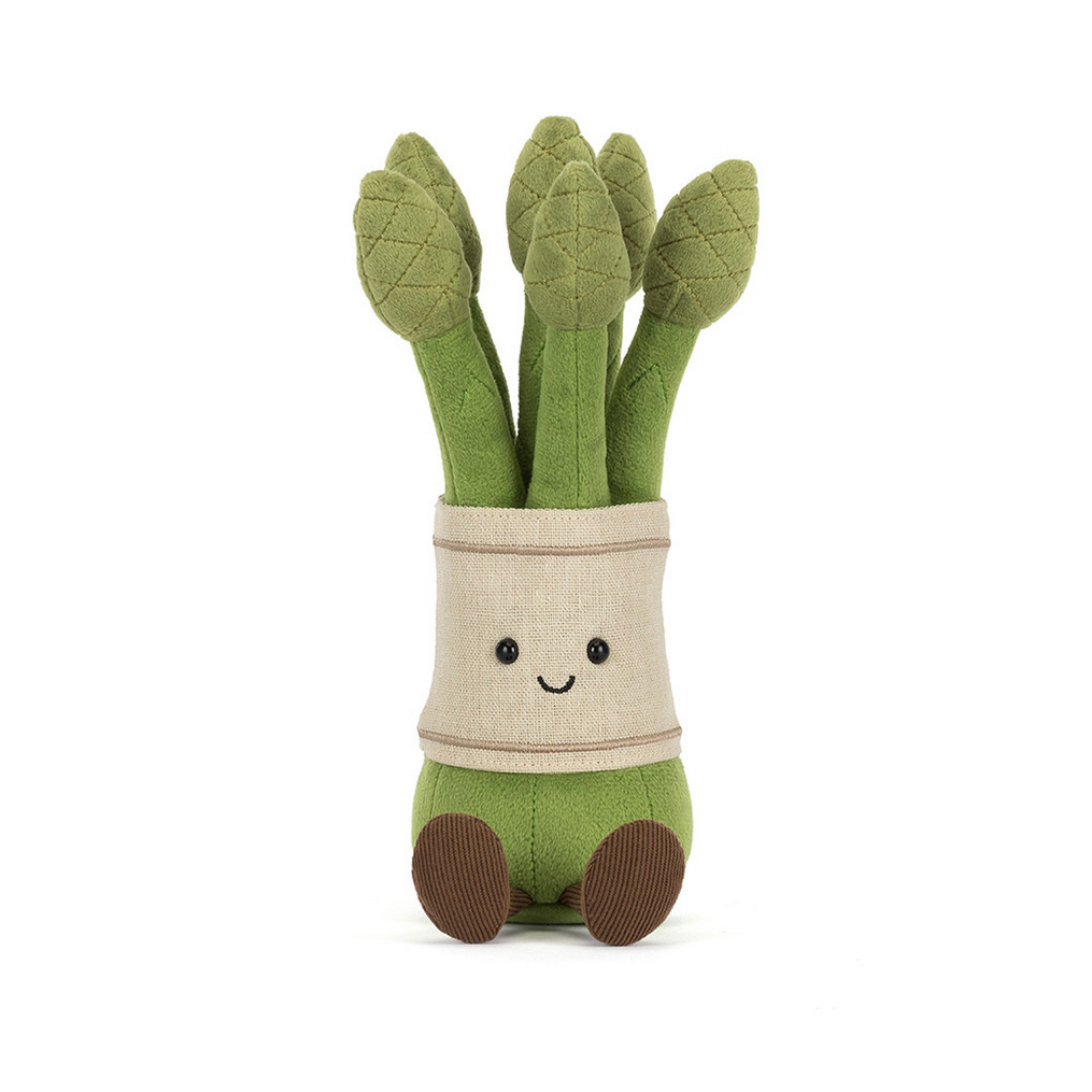 Plush toy shaped like a bundle of green asparagus on a white background