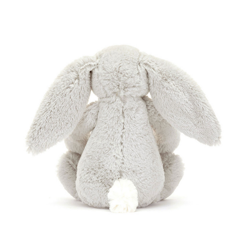Silver bunny plush toy named 'Bloom' on a white background