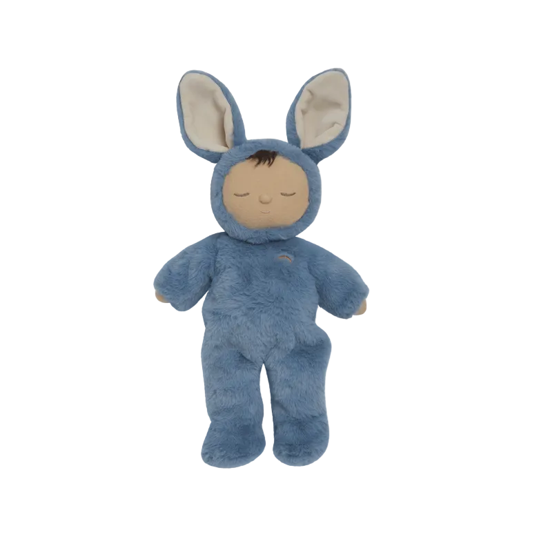 Blue plush toy with bunny ears on a white background