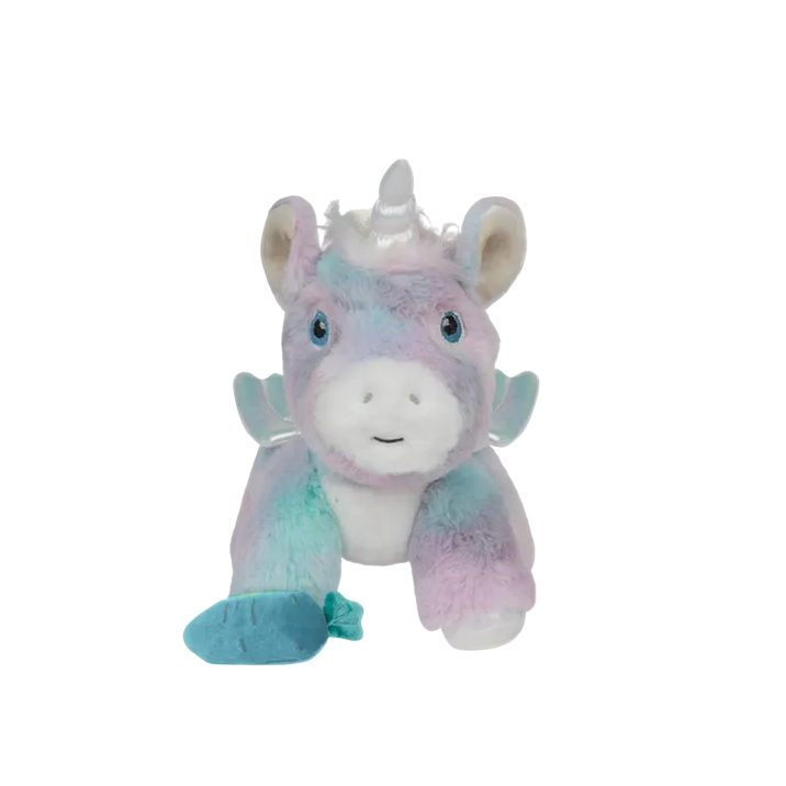 Plush toy unicorn with pastel colors on a white background