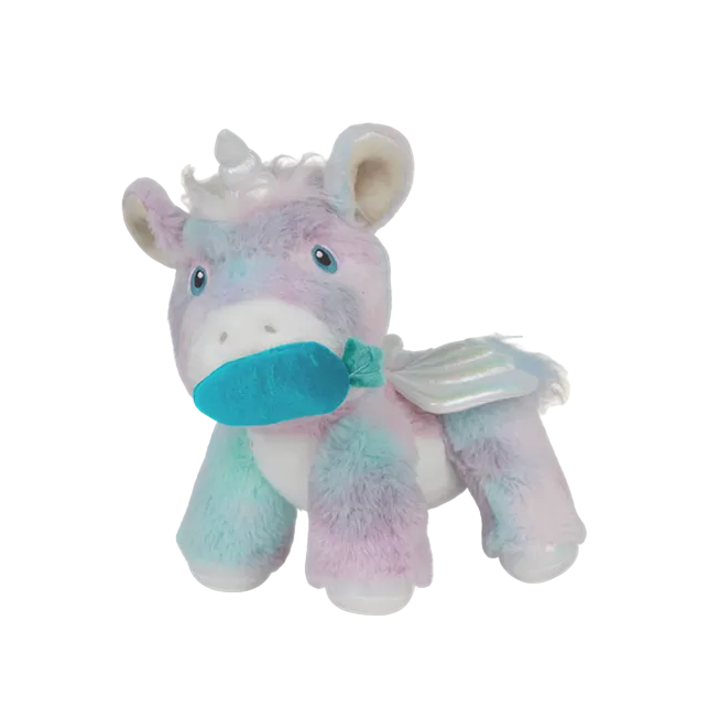 Plush unicorn toy with pastel colors on a white background