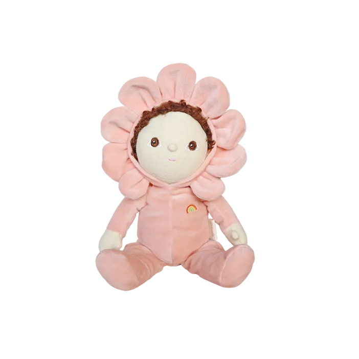 Pink plush toy with flower design on a white background