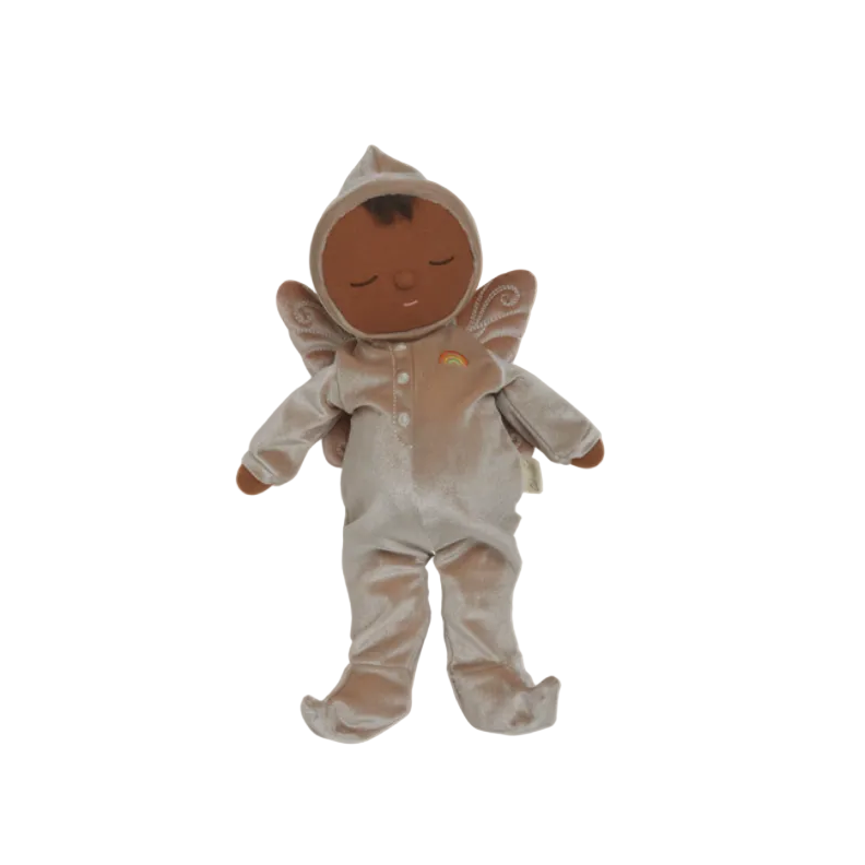 Plush toy baby doll in a beige outfit with wings on a white background