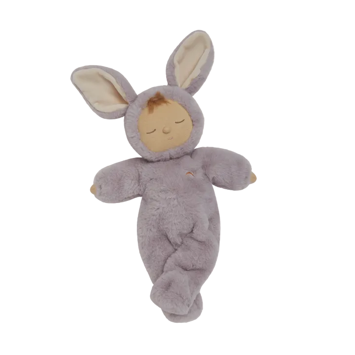 Gray plush baby toy with bunny ears on a white background