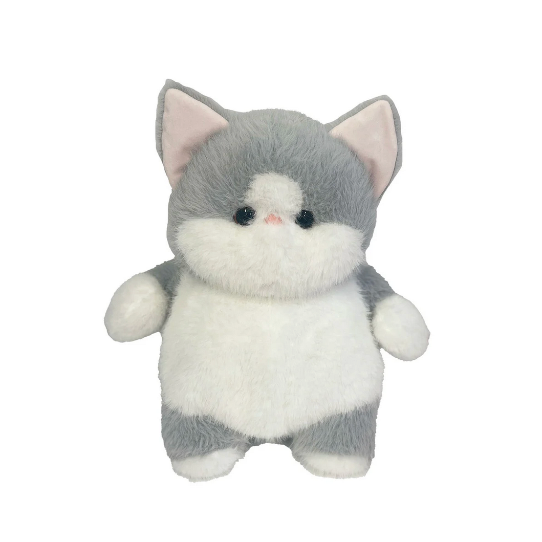 Plush cat toy with gray and white fur on a website page