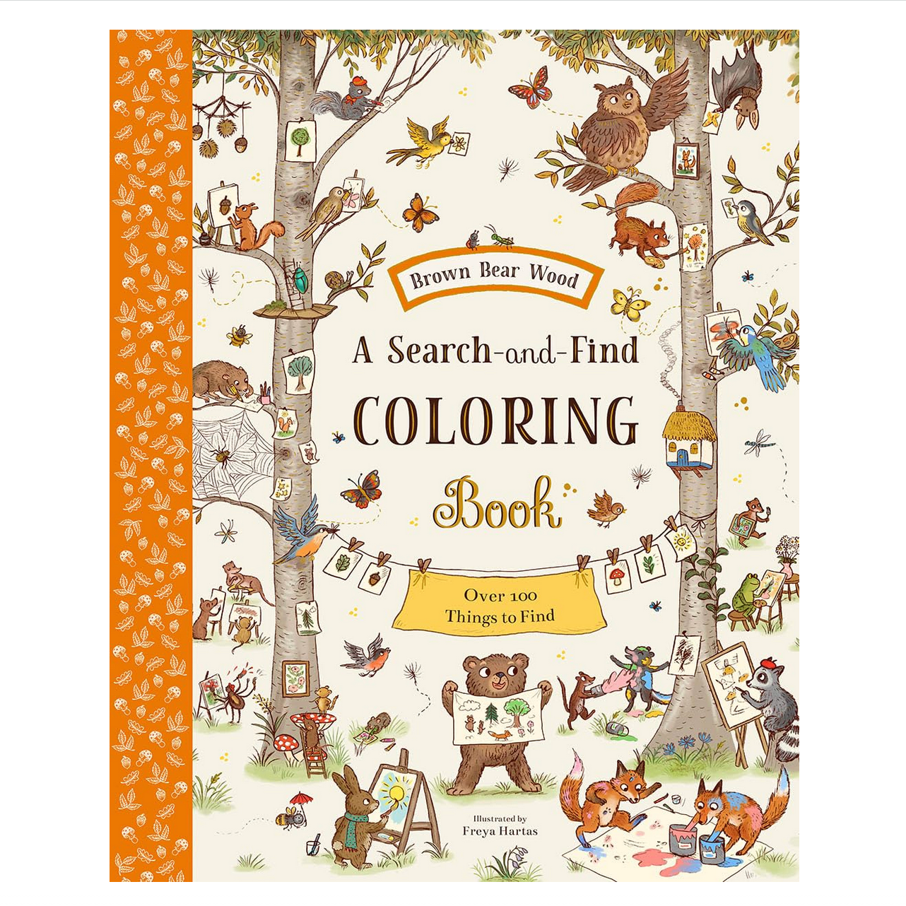 Book cover of 'A Search and Find Coloring Book' with illustrations of animals and objects on a white background.