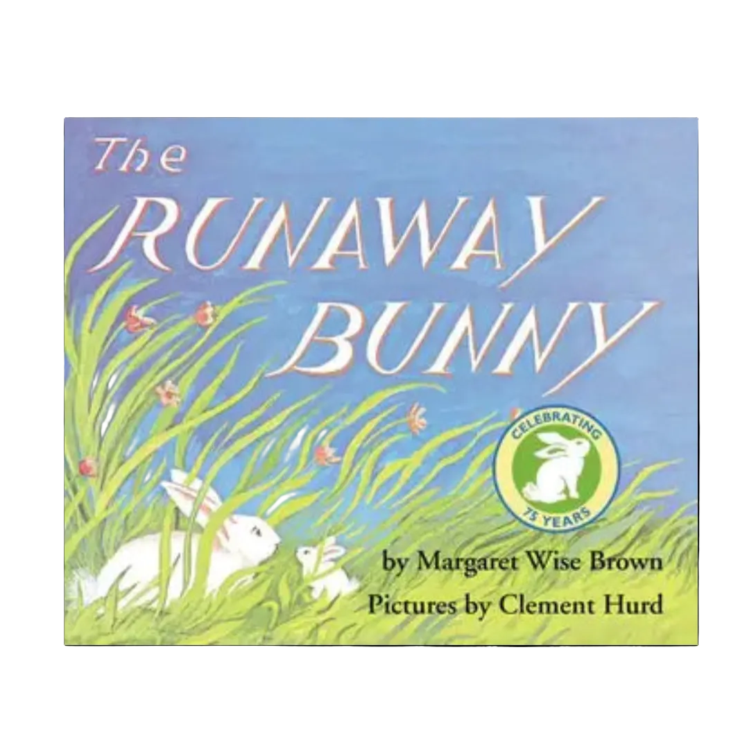 Book cover of 'The Runaway Bunny' with a rabbit in grass on a blue background