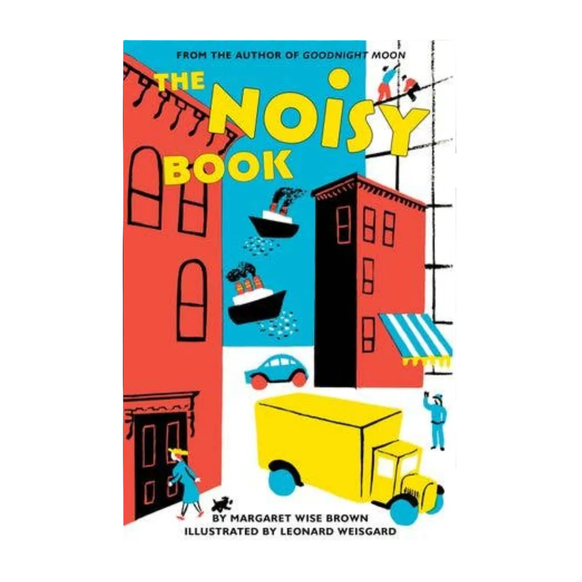 Book cover of 'The Noisy Book' with colorful illustration of buildings and vehicles.