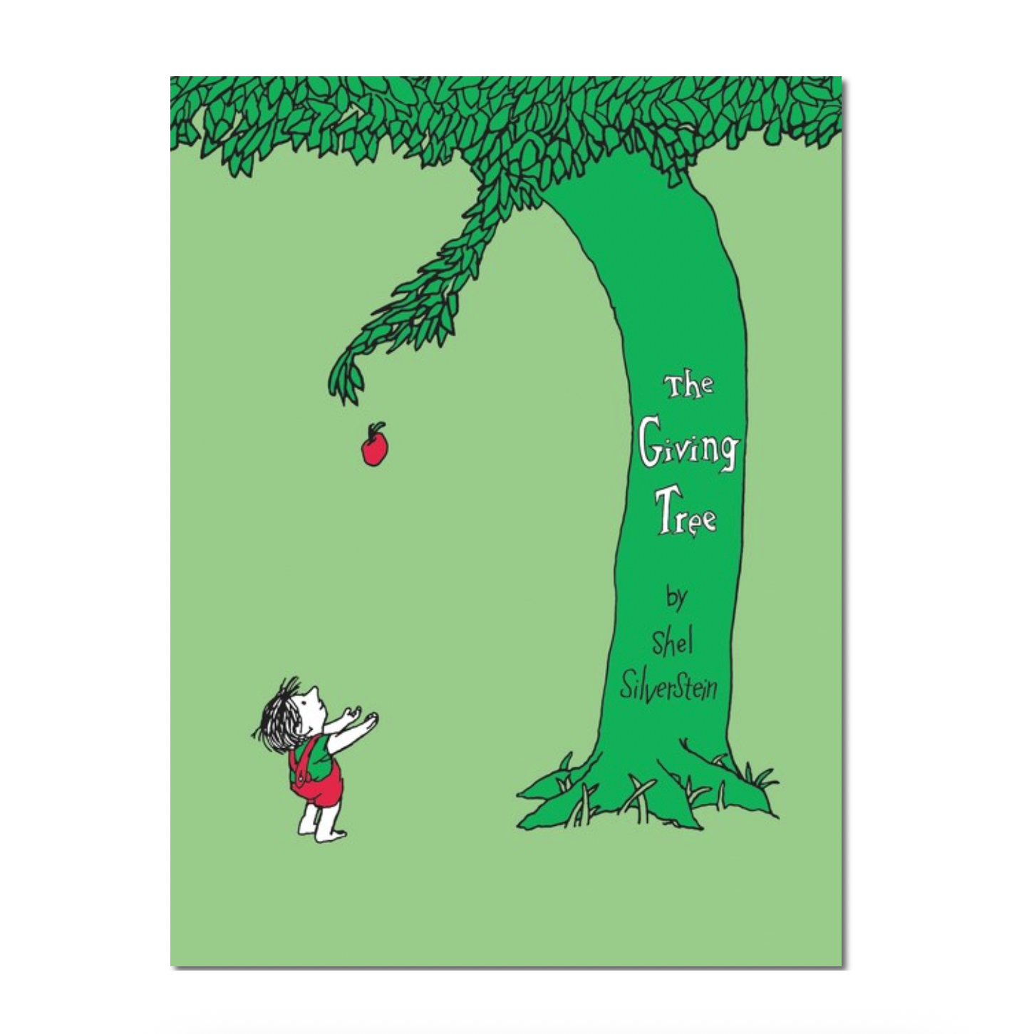 Book cover of 'The Giving Tree' with a green tree and a small figure reaching up.