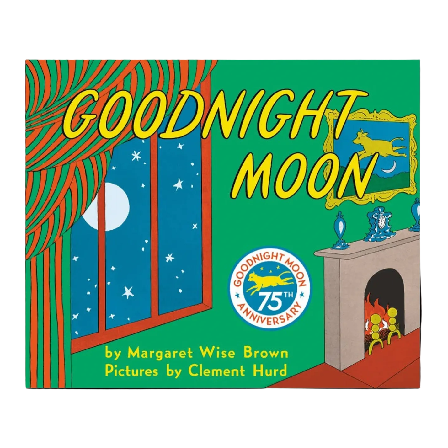 Book cover of 'Goodnight Moon' with colorful design and text.