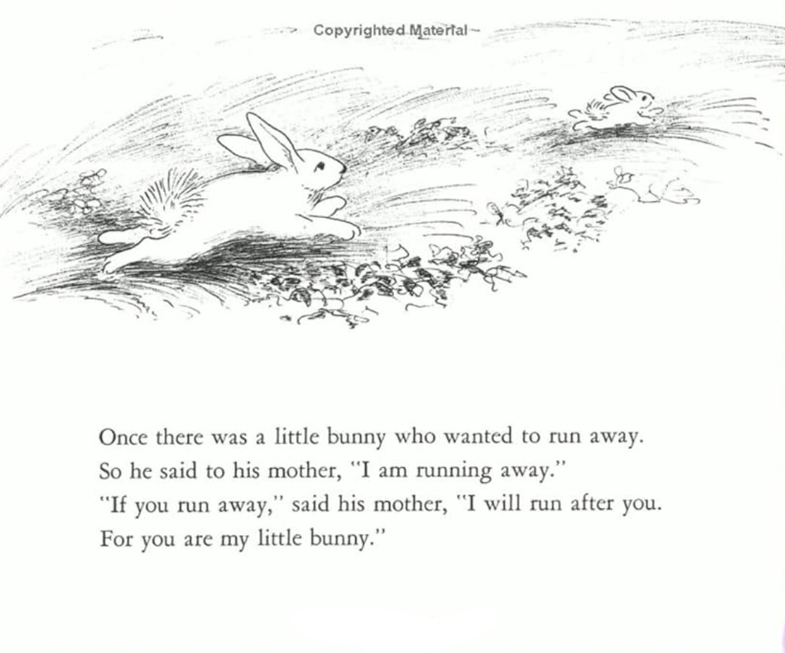 Black and white illustration of bunnies with a text overlay on a white background