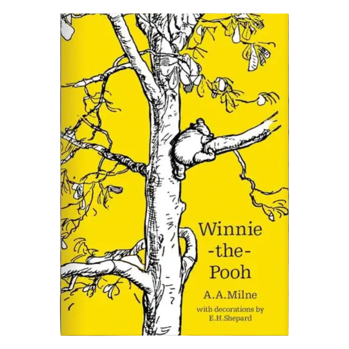 Winnie-the-Pooh book cover with a yellow background and black and white illustrations.