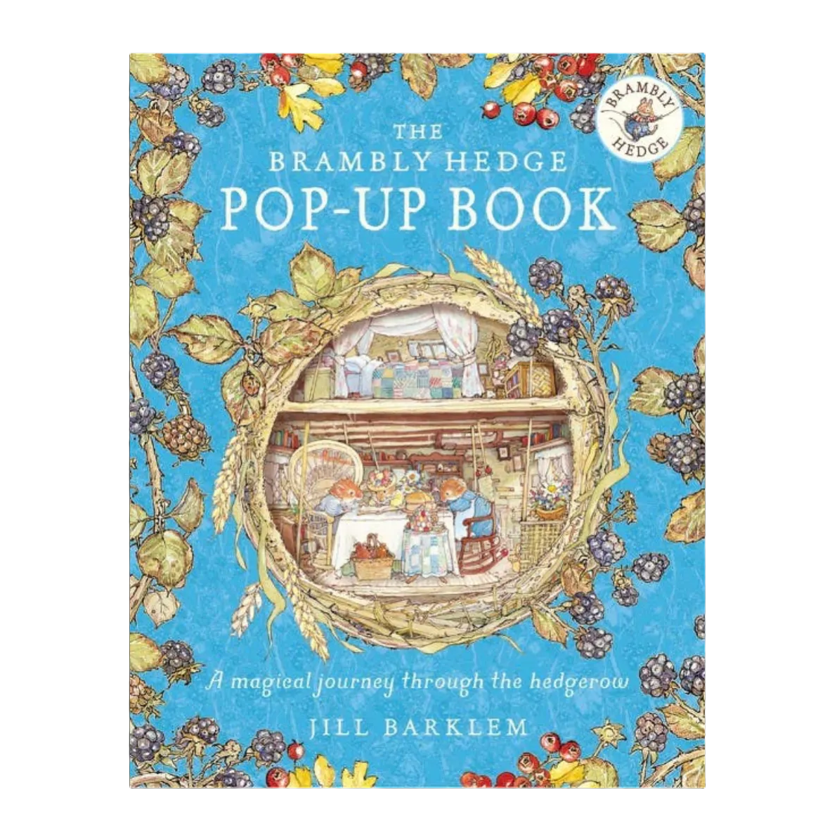 Cover of 'The Brambly Hedge Pop-Up Book' with a blue background and pop-up design.