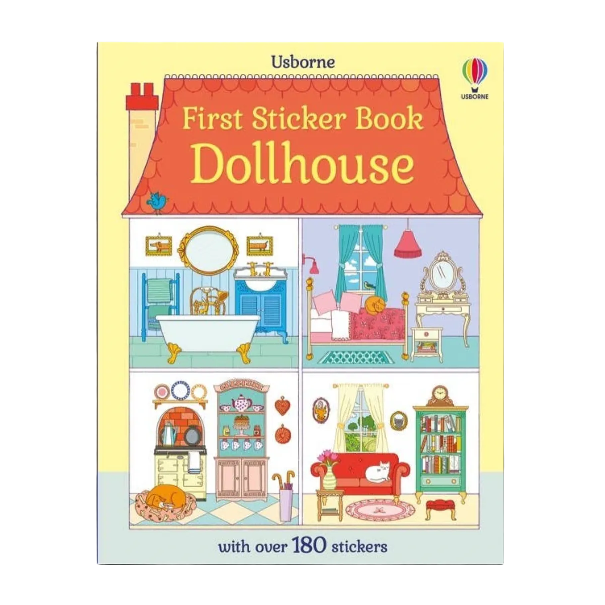 Book cover of 'First Sticker Book Dollhouse' by Usborne with illustrations of a dollhouse.