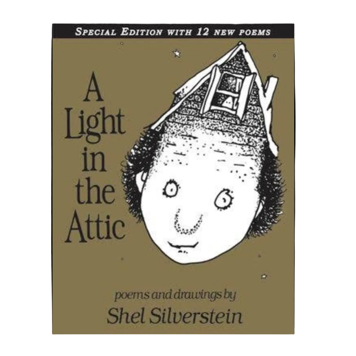 Book cover of 'A Light in the Attic' by Shel Silverstein with a face illustration on a brown background.