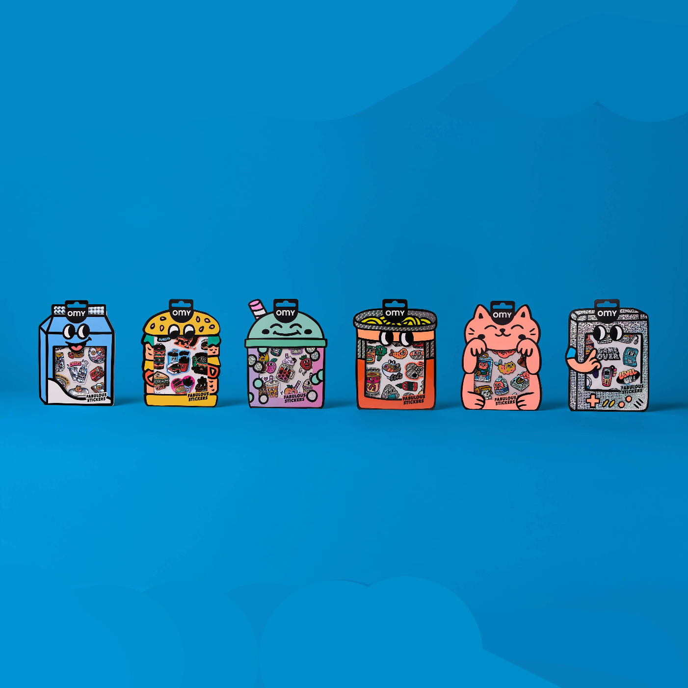 Animated cat-themed product packaging on a blue background