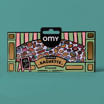 Two packages of 'om' stickers with colorful designs on a teal background