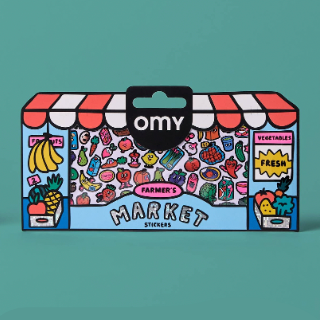 Packaged stickers with a colorful design on a teal background