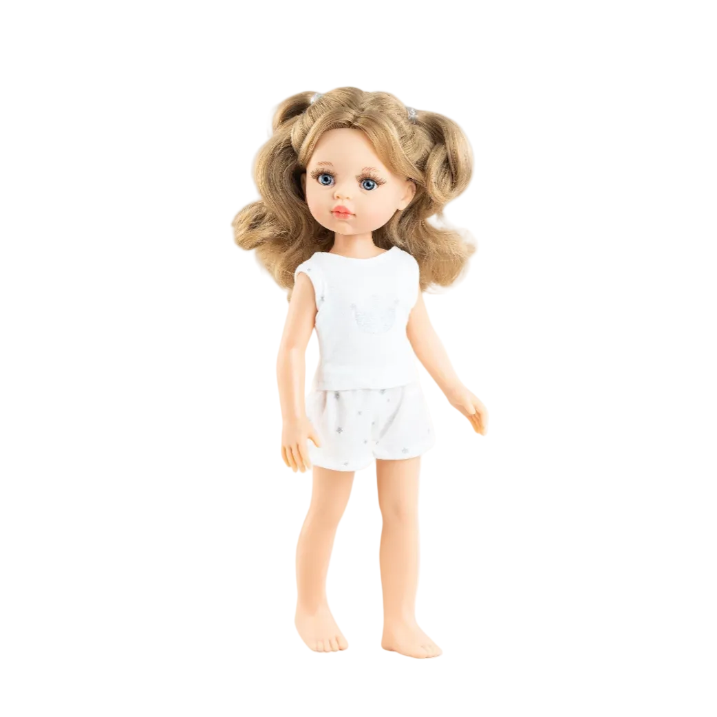 Doll with blonde hair and a white outfit on a white background