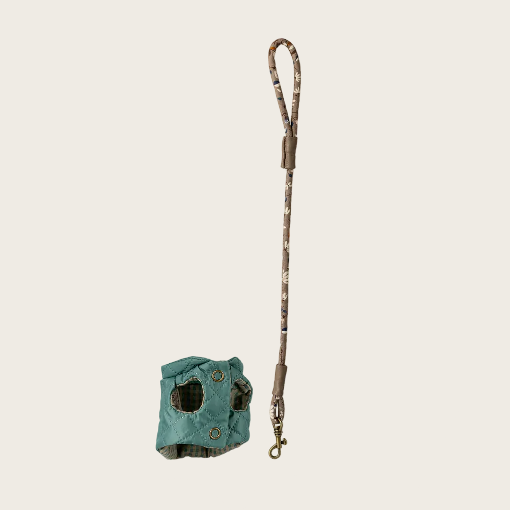 Pet supply product with leash and toy on a white background