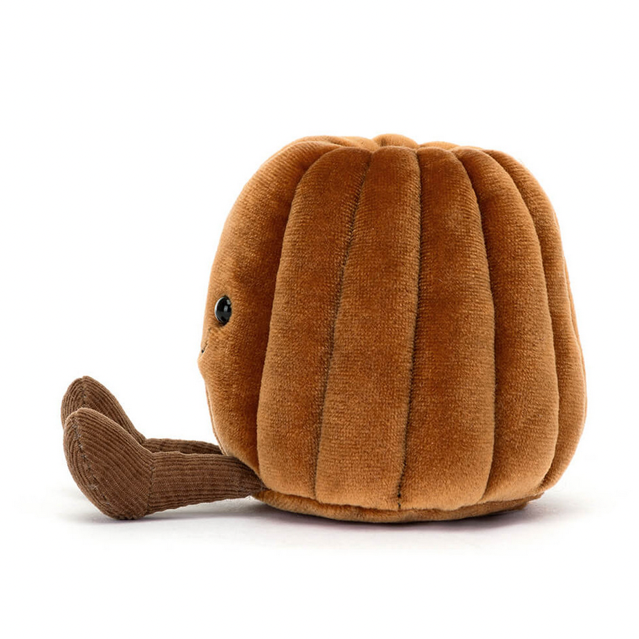 Brown plush toy resembling a snake on a white background