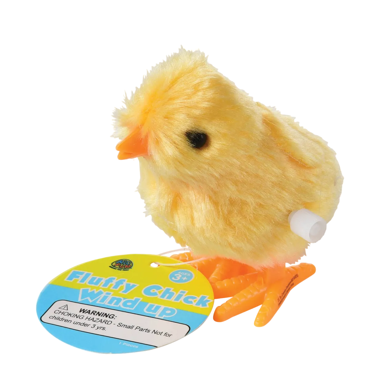 Plush toy chick on a white background with a label
