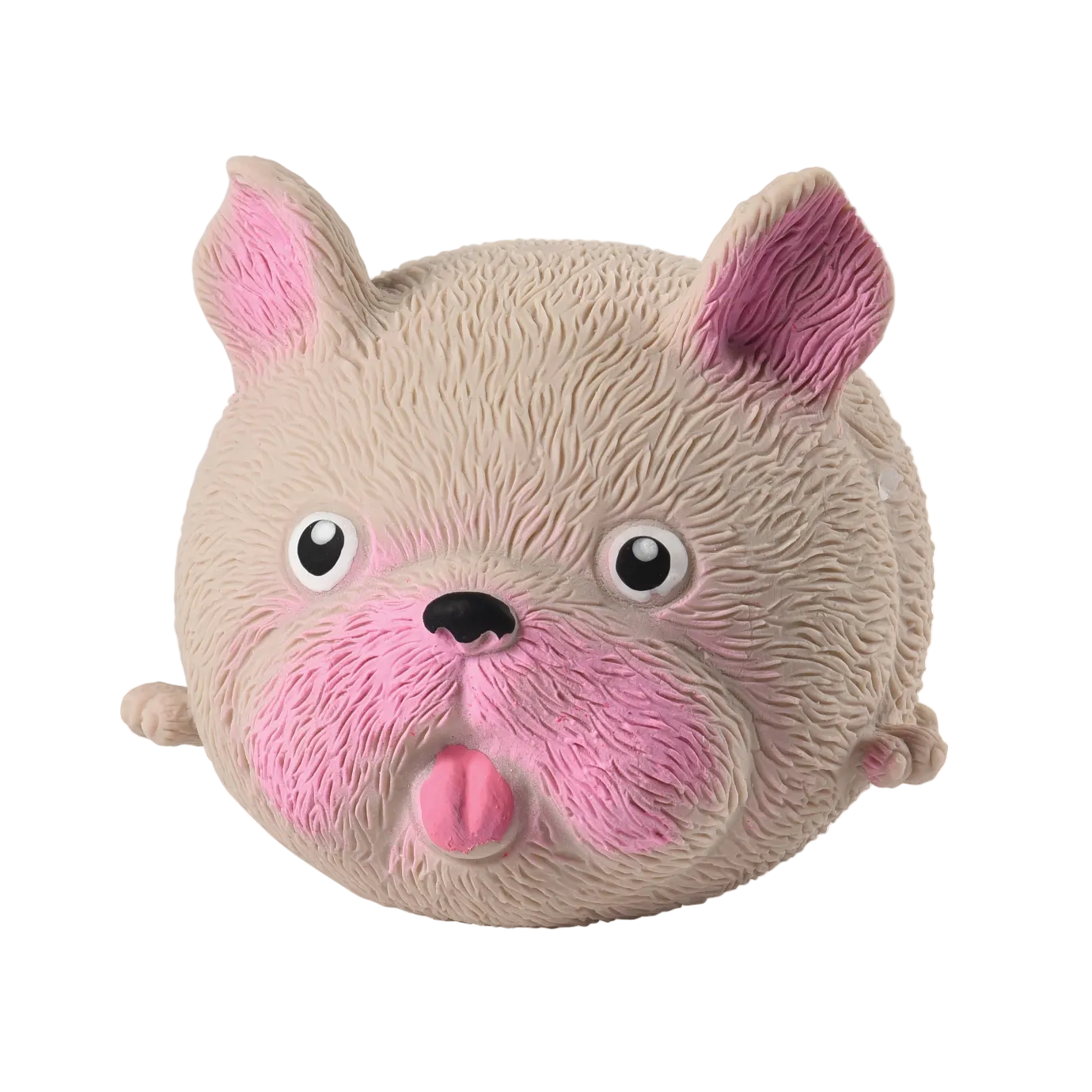 Plush toy shaped like a dog's face with pink and brown colors on a white background.