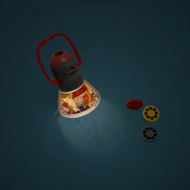 Toy-like object with a red handle and colorful base on a dark background