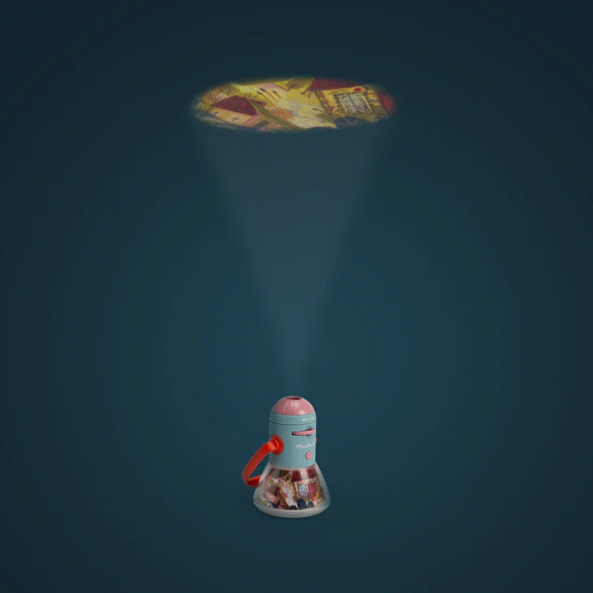 Small toy figure on a dark blue surface with a light source above.