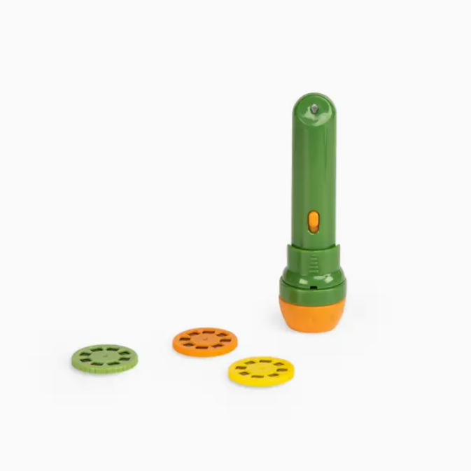 Green toy flashlight with three colorful attachments on a white background