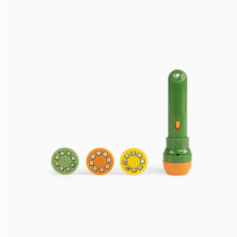Green flashlight with three circular attachments on a white background