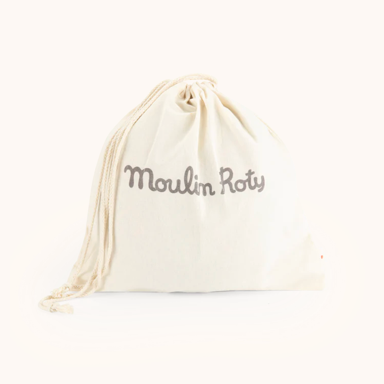 Beige drawstring bag with 'Moulin Roty' branding on a white background
