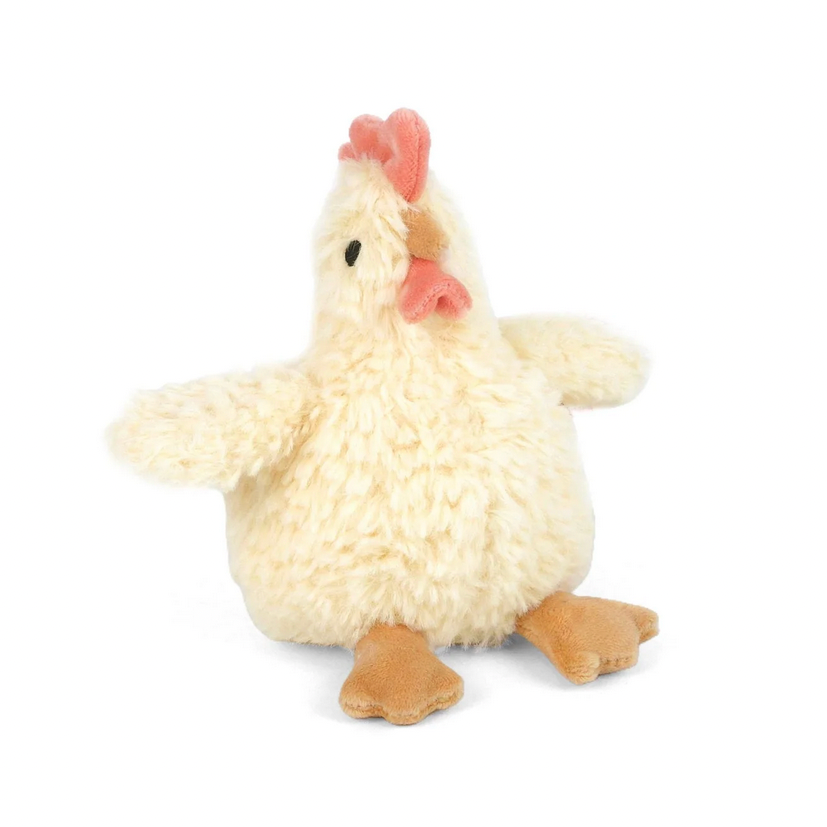Plush chicken toy on a white background