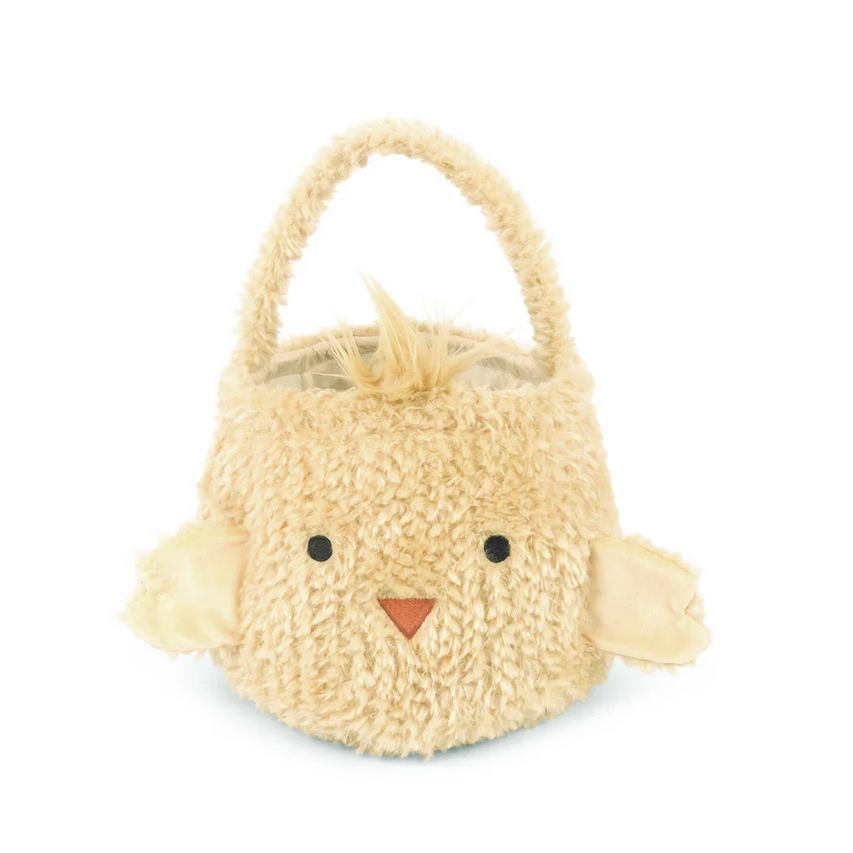 Knitted chicken-shaped basket on a white background