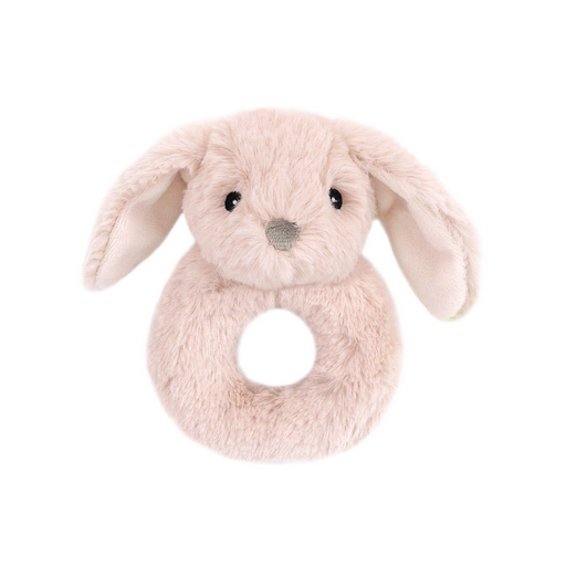 Plush bunny rattle toy on a white background
