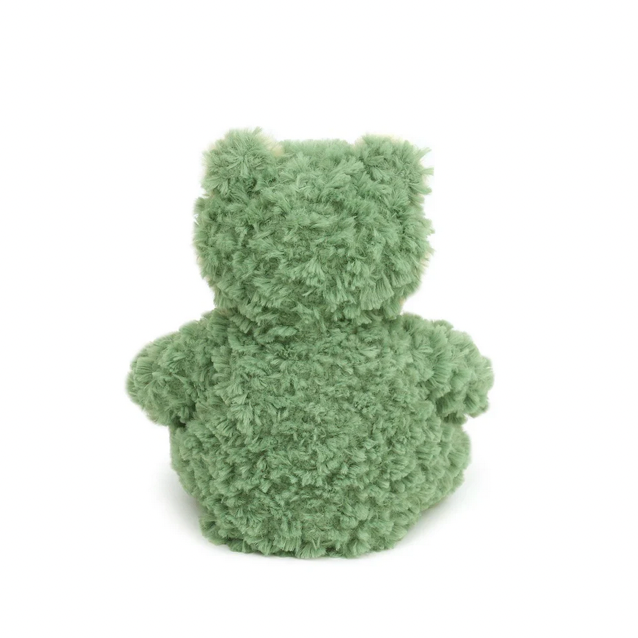 Green frog plush toy on a white background