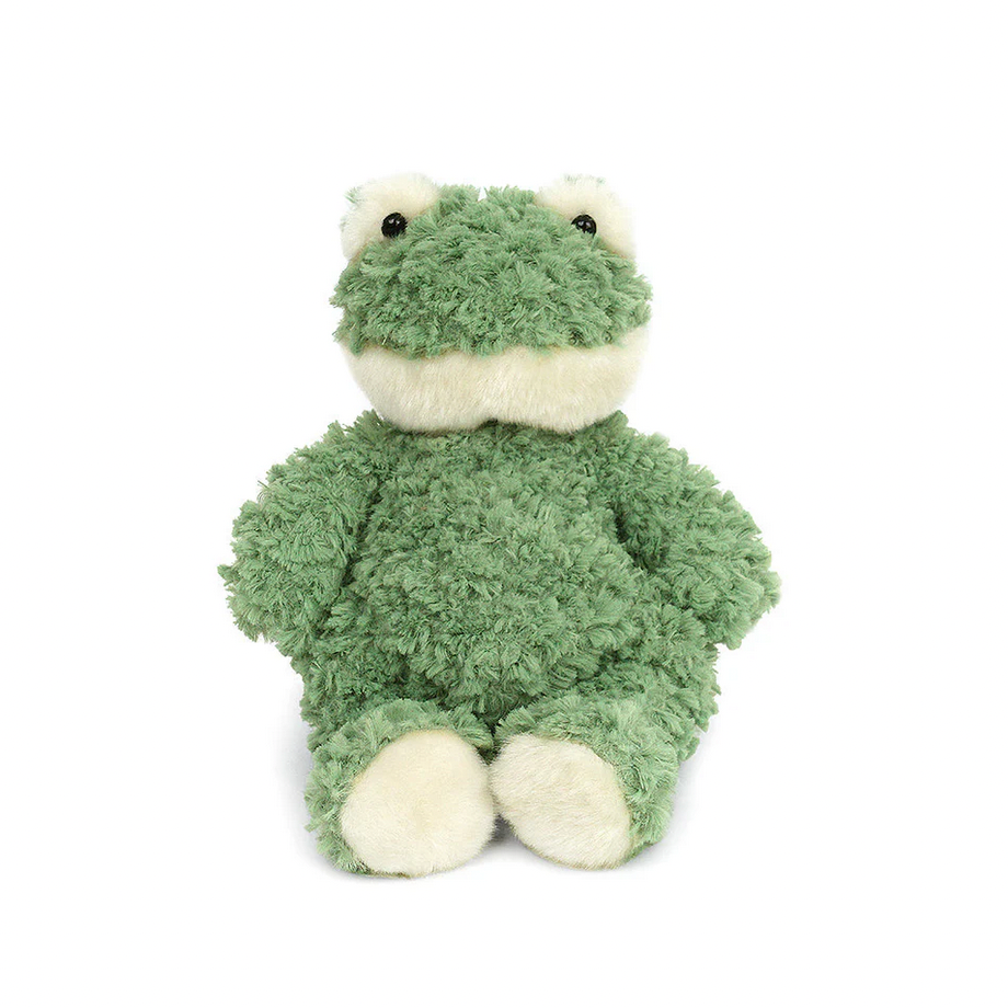 Green plush frog toy next to a black box with 'MIC' branding on a white background