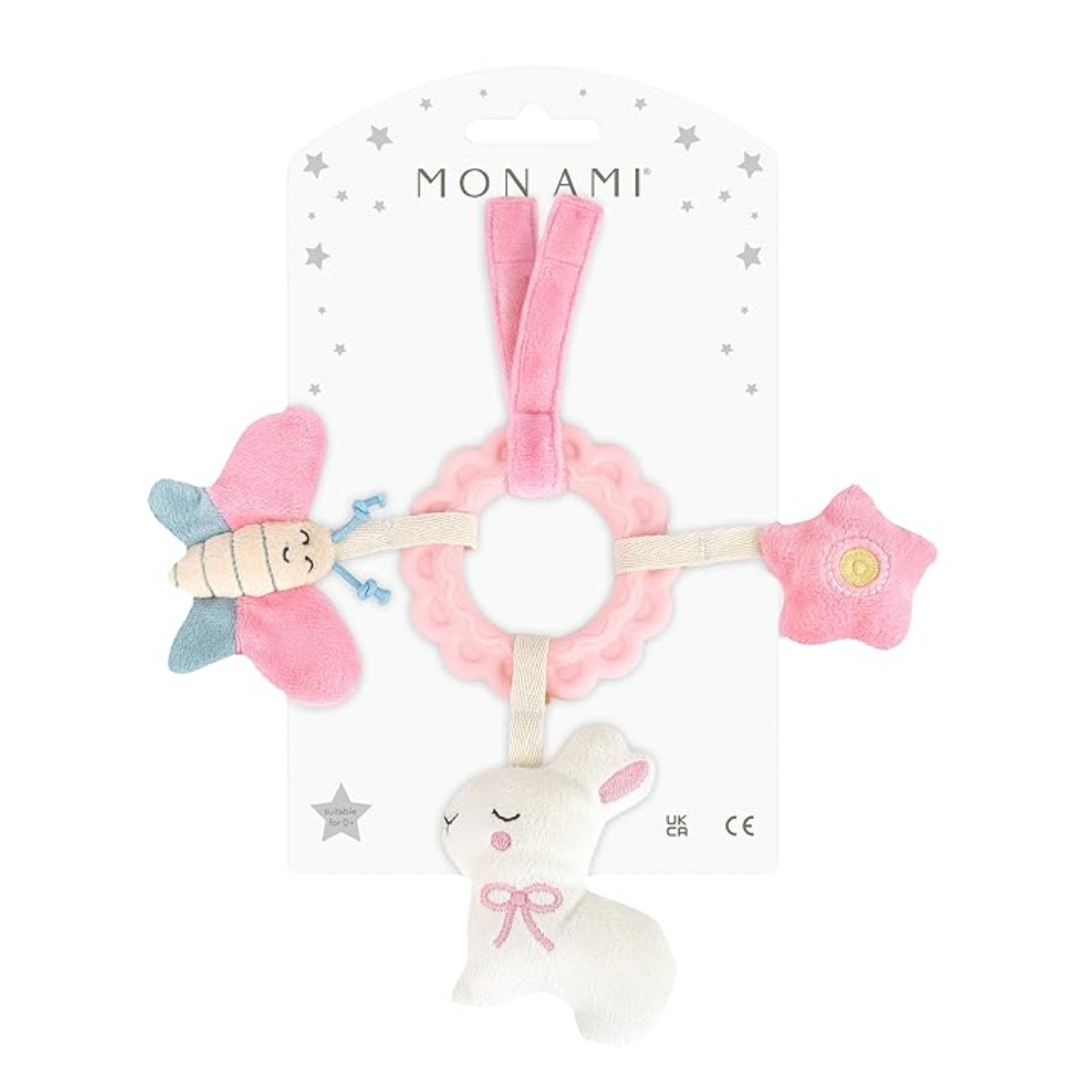 Pink baby teether with bunny design on a Mon ami branded label.