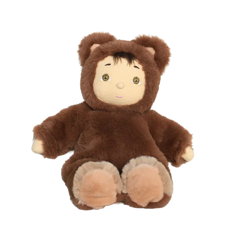 Plush toy in a brown bear costume on a white background