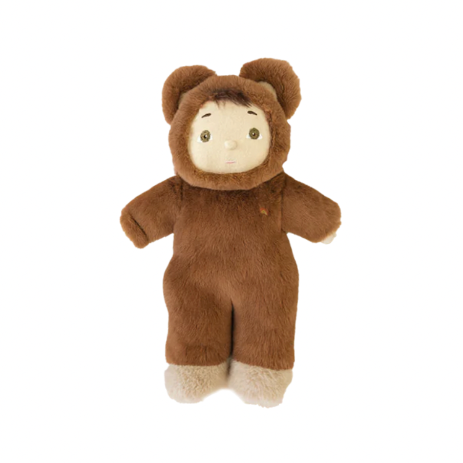 Stuffed toy in a brown bear costume on a white background