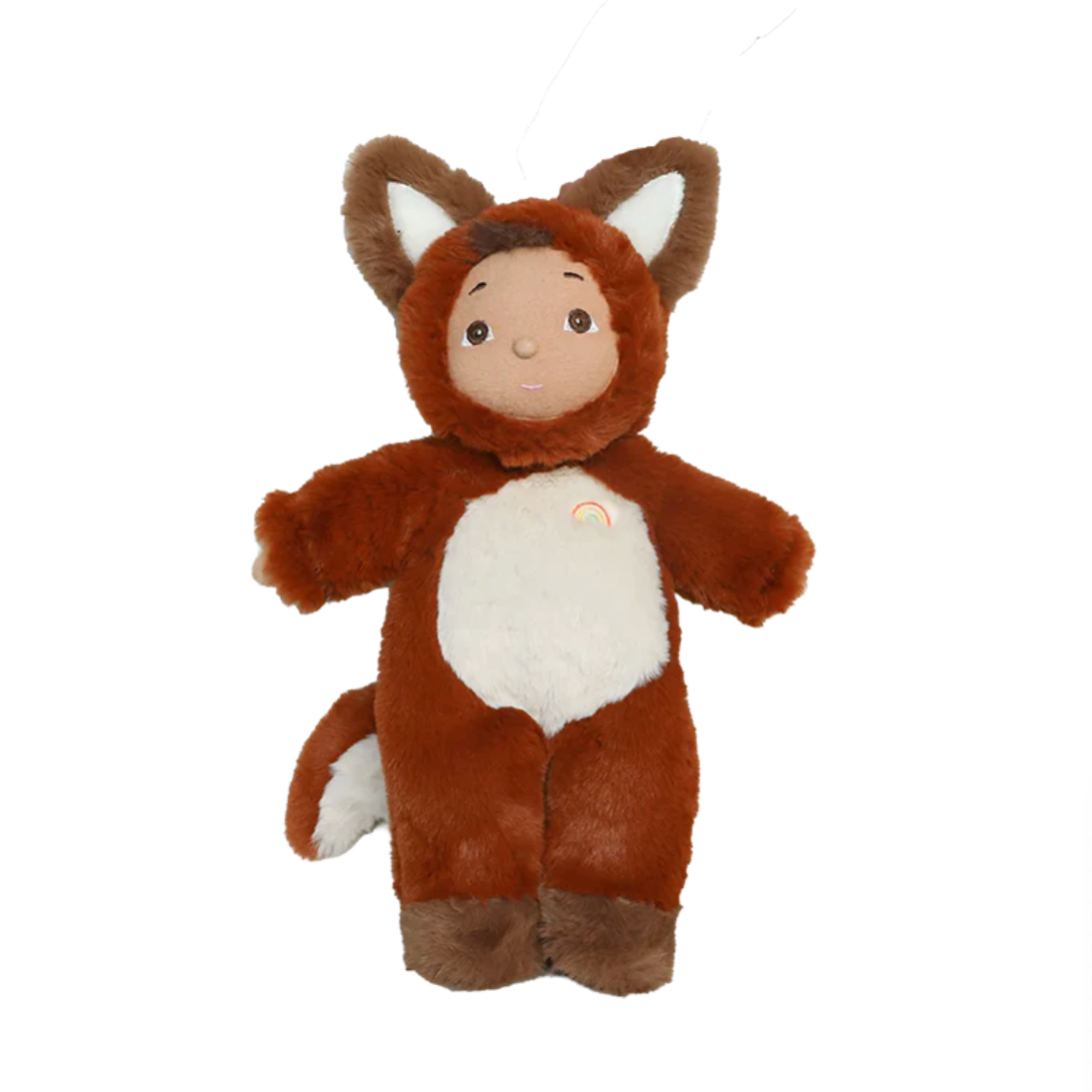Plush toy in a fox costume on a white background