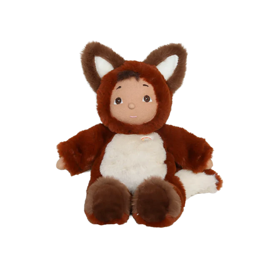 Stuffed toy in a brown fox costume on a white background