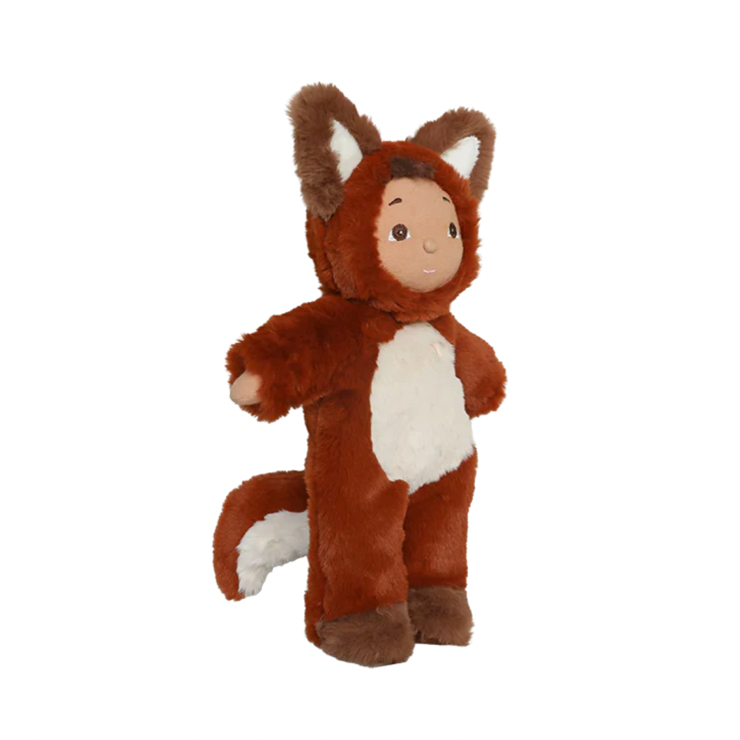 Plush toy in a fox costume on a white background