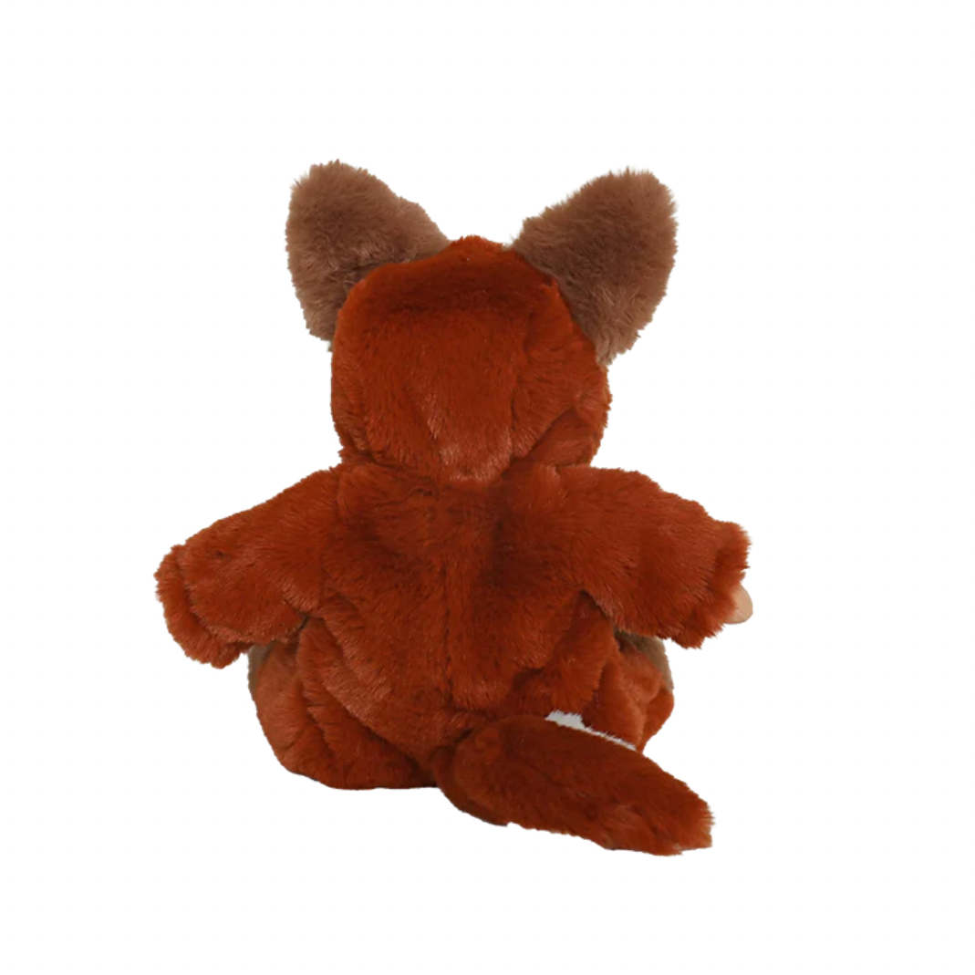 Brown plush toy resembling a fox on a white background