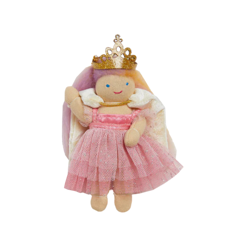 Toy doll with a pink dress and gold crown on a white background