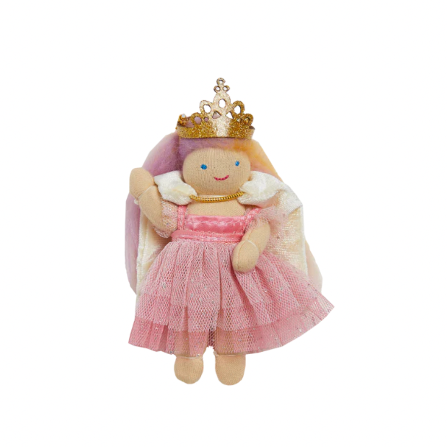 Toy fairy with a pink dress and gold crown on a white background