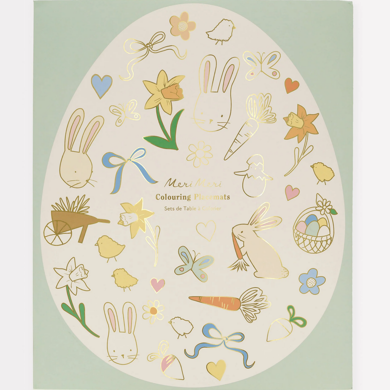 Easter-themed coloring book with illustrations of bunnies, eggs, and flowers on a light green background.