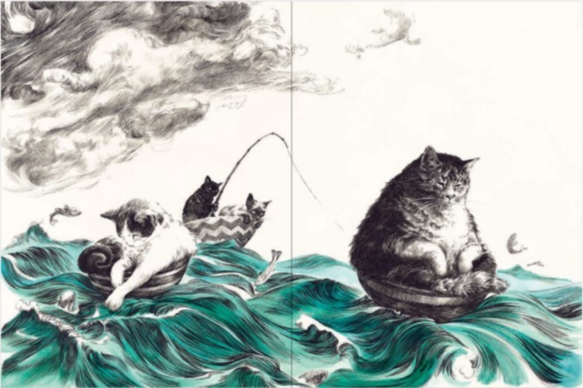 Illustration of cats fishing on waves with a stylized sky.