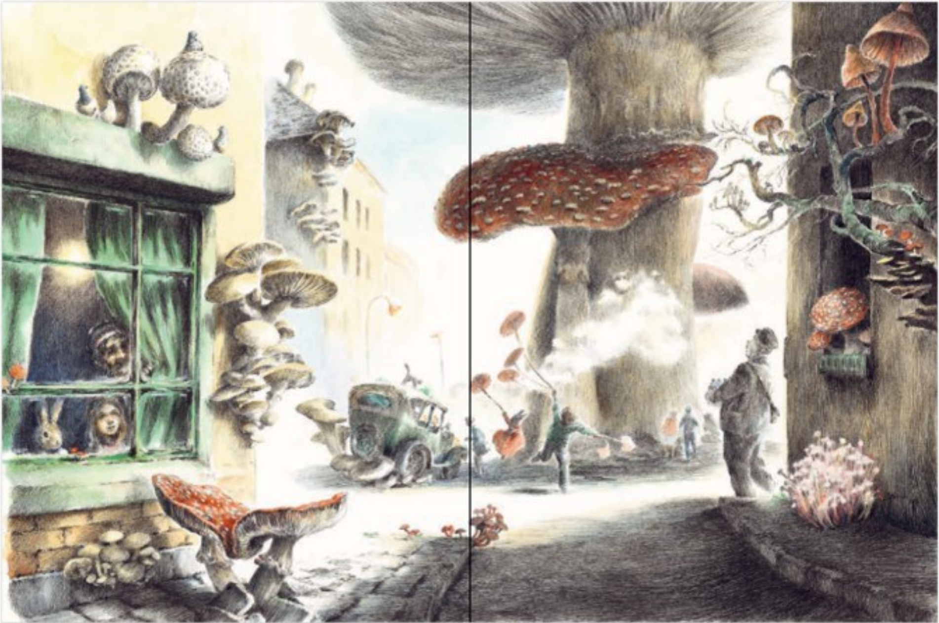 Futuristic cityscape with giant mushrooms and people interacting in a surreal setting.