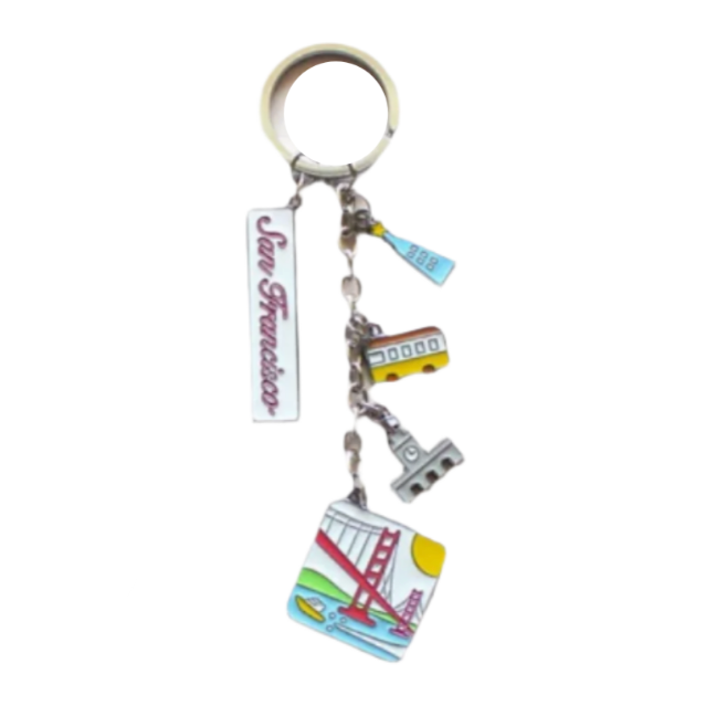 Three keychains with San Francisco-themed charms on a white background
